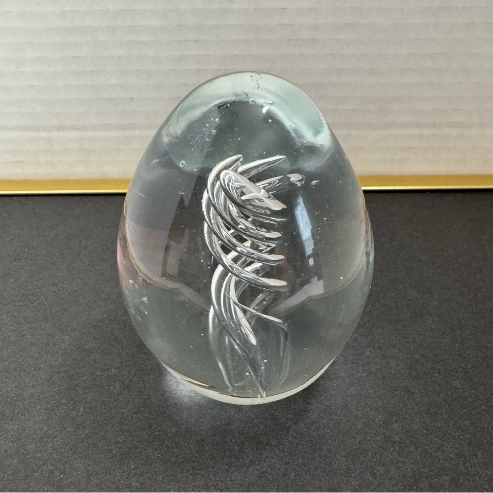 Art Glass Egg-Shaped Hand Blown Swirl Clear Glass Paperweight